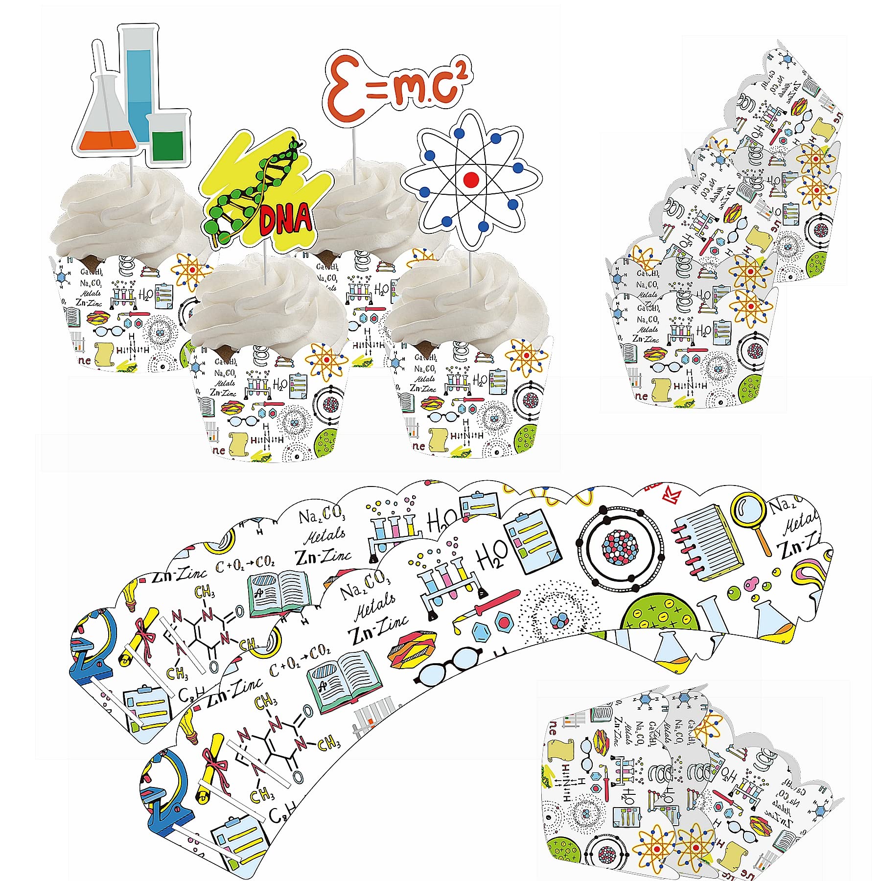 48Pcs Science Cupcake Wrappers and Toppers Set Science Cupcake Holders with Treat Picks Kit Science Party Decoration Science Party Supplies Mad Science Themed Party Decorations Favors