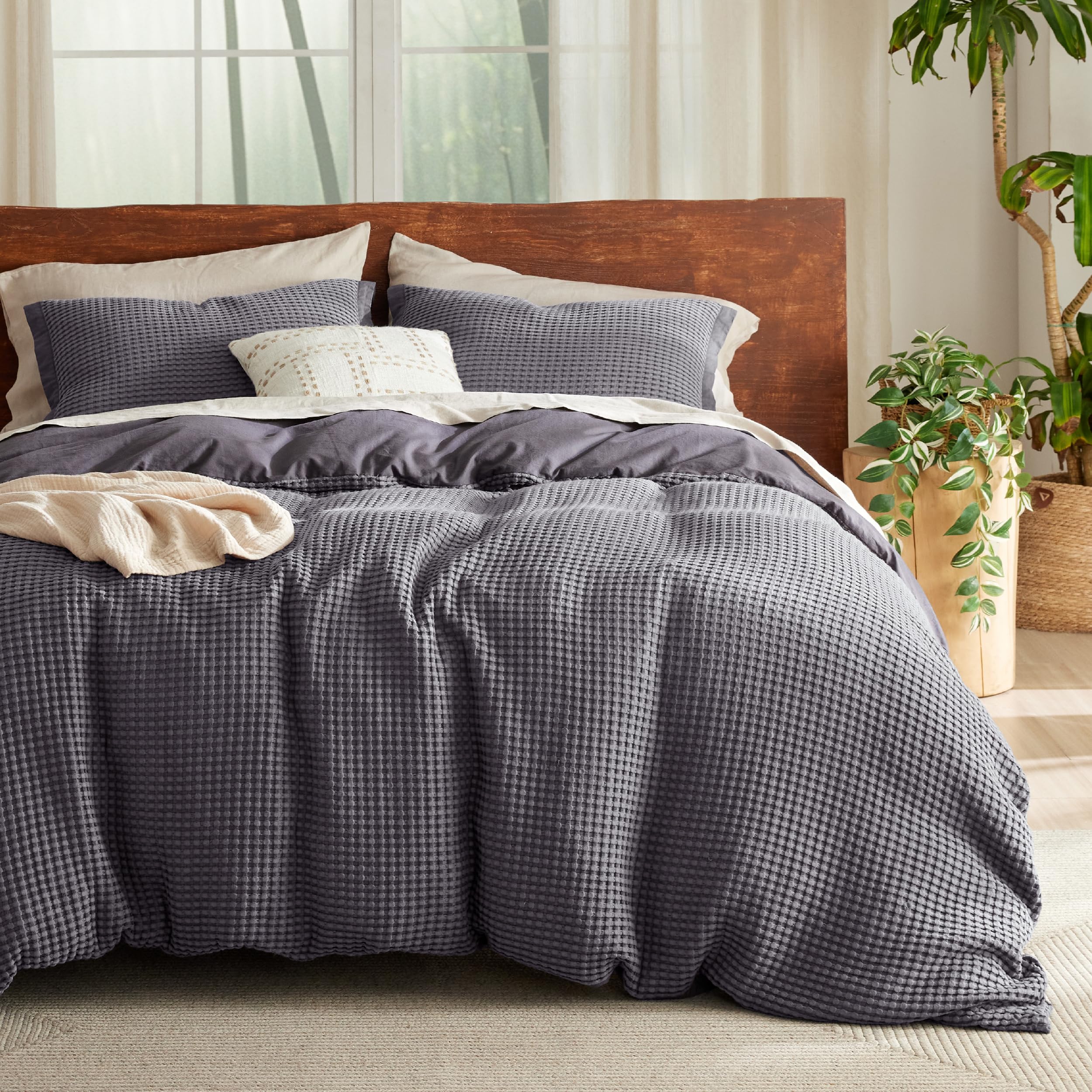 Photo 1 of Bedsure Cooling Waffle Duvet Cover King - Cotton Blend Rayon Derived from Bamboo Duvet Cover Set for Hot Sleepers, Breathable Bedding Set with a Vintage Charm, 3 Pieces (Charcoal, King, 104"x90")
