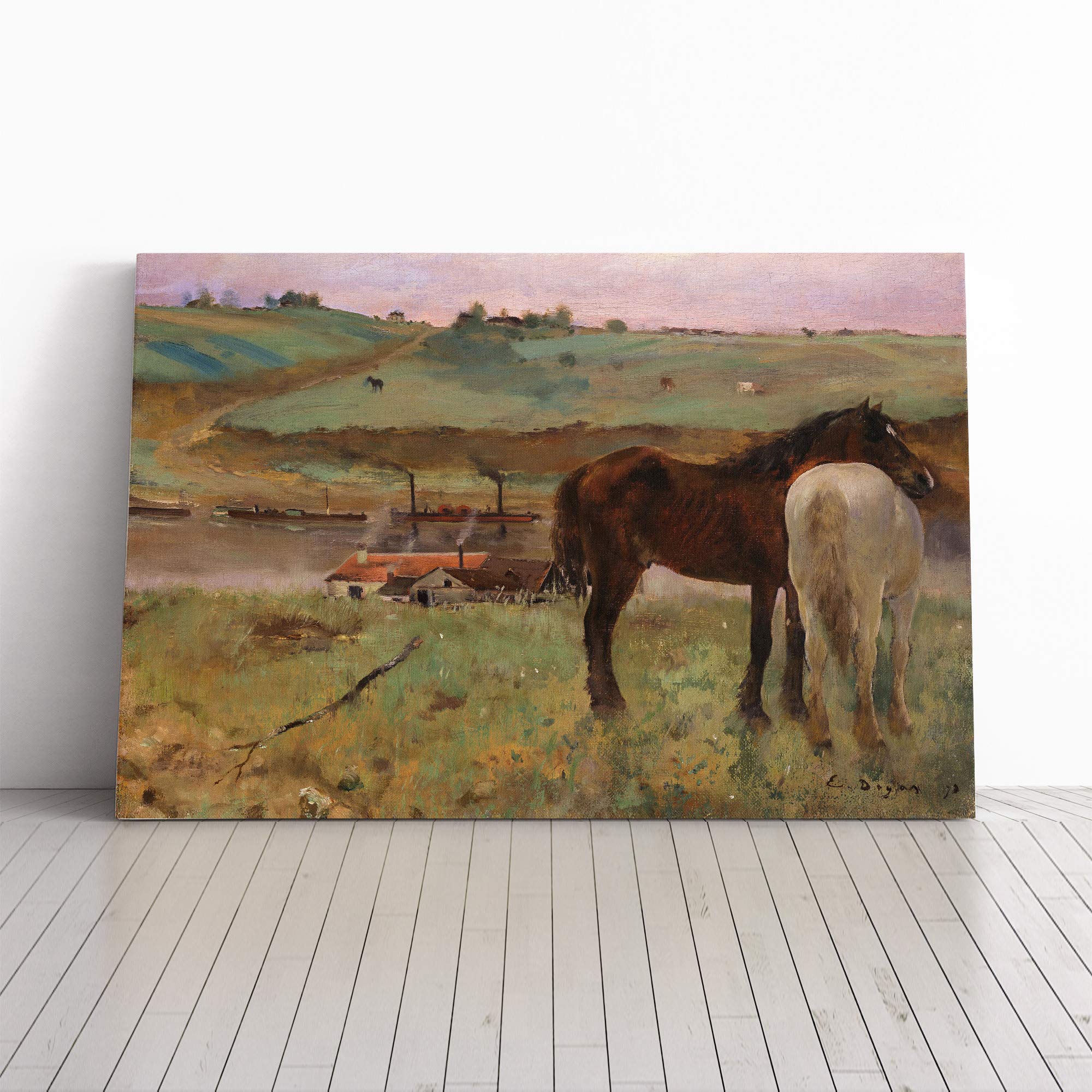 Edgar Degas Horses in a Meadow Canvas Print | Gallery Wrapped 30mm Frame Wall Art | 20x14 inches | Ready to Hang | Modern Animals Picture | Living Room Bedroom Lounge Office