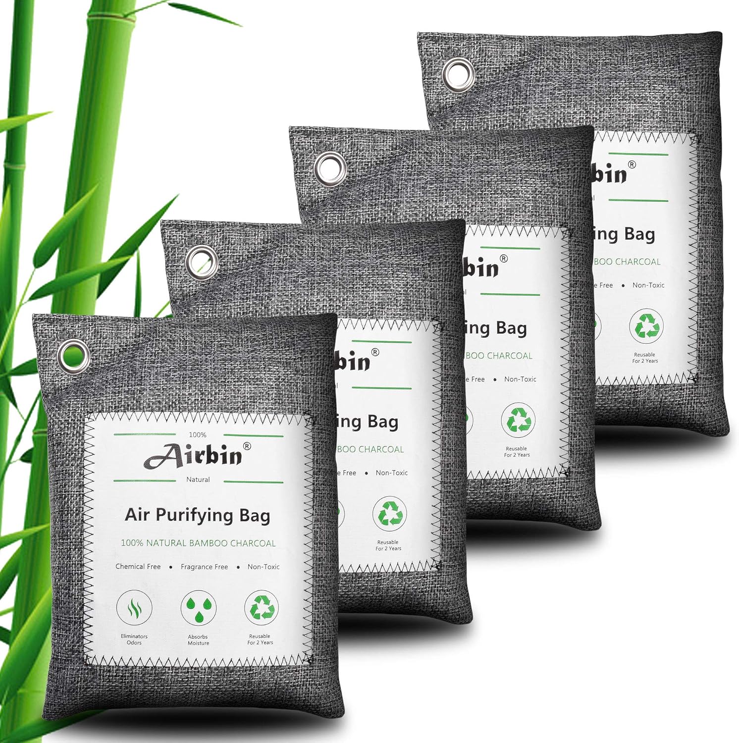 Airbin Bamboo Charcoal Air Purifying Bags 4 Pack，Natural Air Freshener, Odor Absorber for Home, Pets, Shoes, Closet Deodorizer: Kitchen & Dining