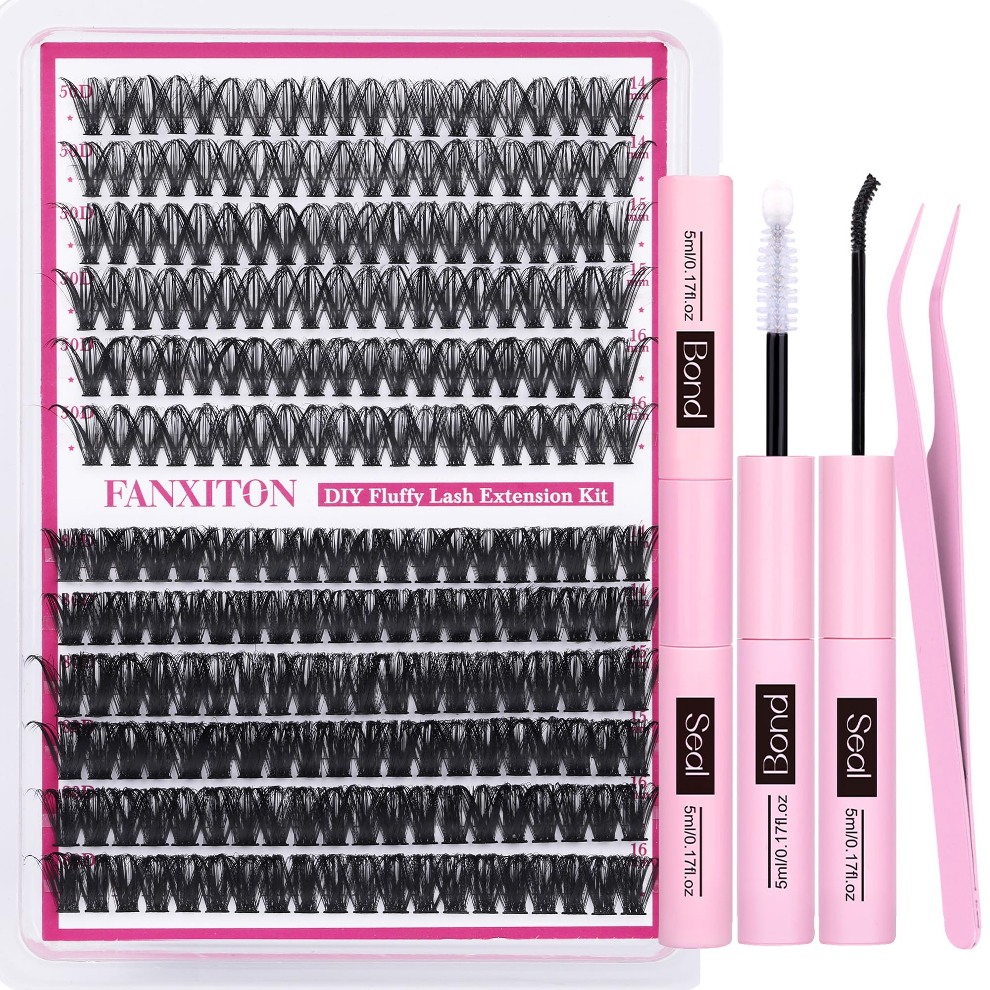 Photo 1 of Cluster Lashes Volume Lash Clusters D Thick Eyelashes Extensions 14-16mm Mix 50D+80D Individual Lashes Thin Band Lash Bond and Seal Tweezers for DIY Lash Extension Beginners