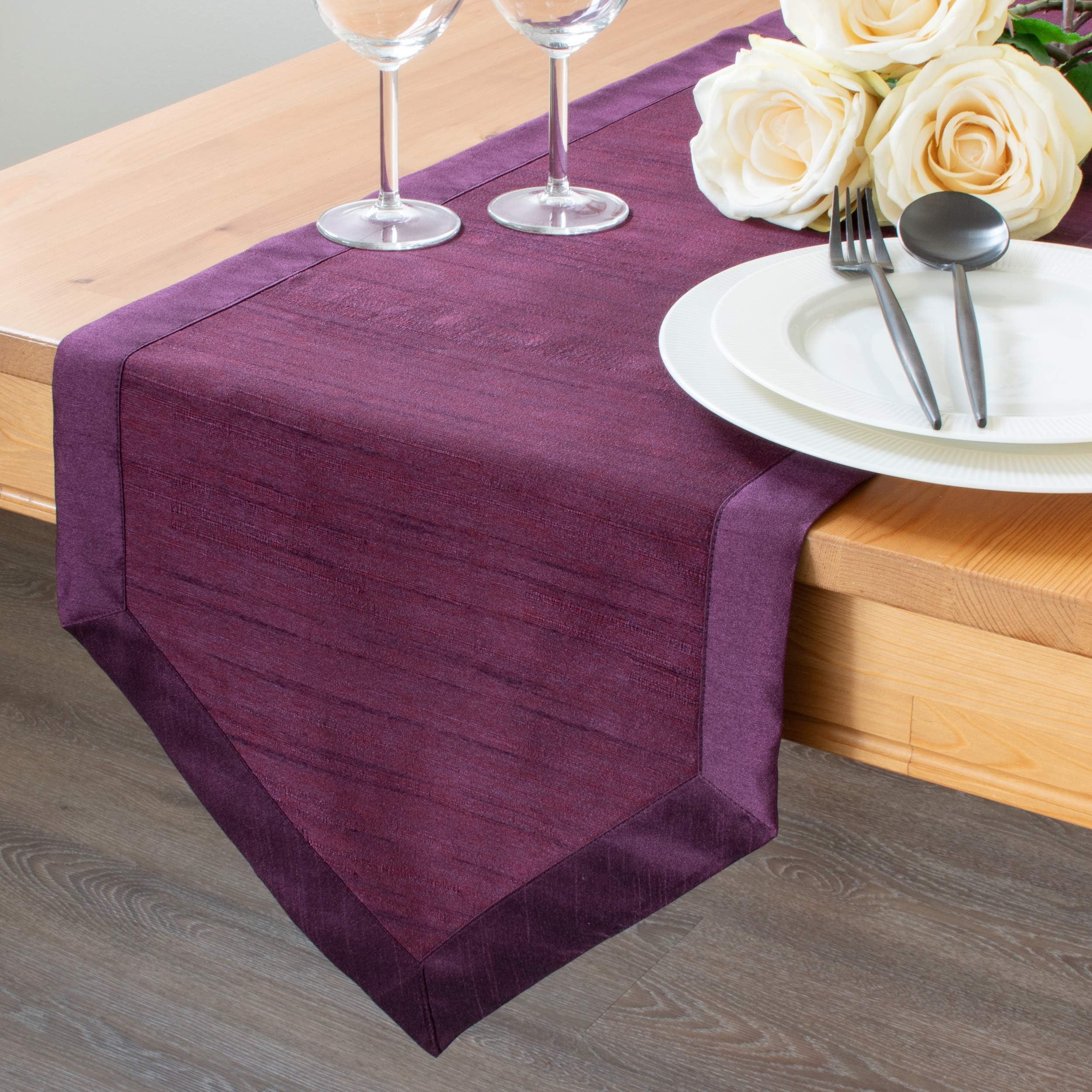 The White Petals Plum Dresser Scarf Table Runners (Faux Silk, V-End Border, 14x36 inch, Pack of 1)