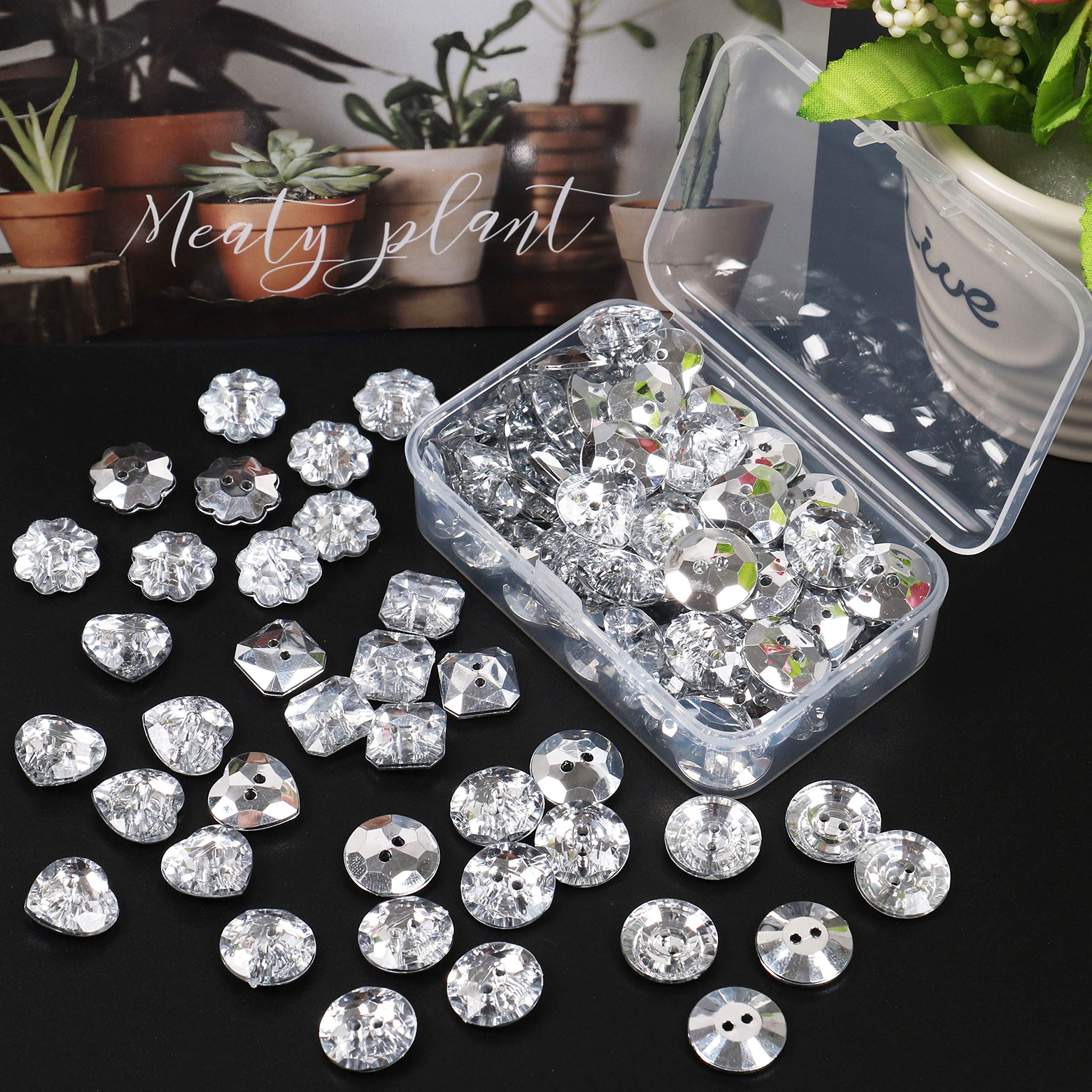 MAMUNU Pack of 100 14mm Assorted 2 Hole Resin Flower Buttons, 5 Colors, 20pcs Each Color (Crystal Clear)
