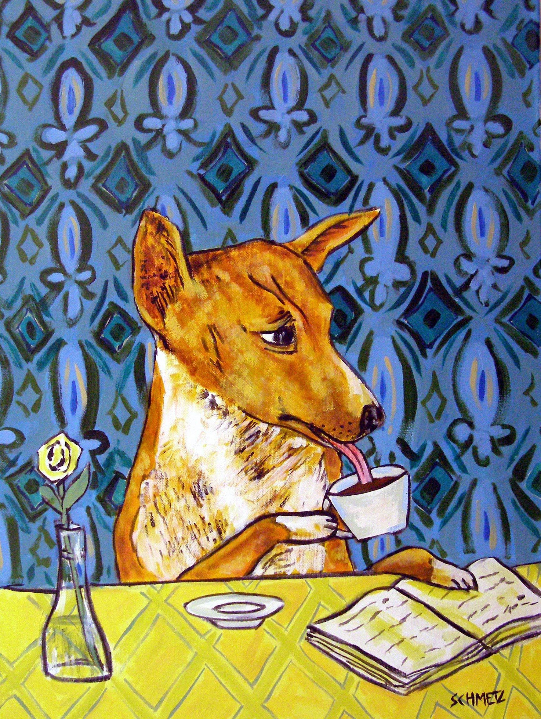 Basenji at the Coffee Shop signed dog art print gift