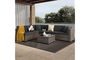 LOUVIXA 7 Piece Outdoor Patio Furniture Set, Outdoor Sectional Furniture, Rattan Chairs Glass Table Wicker Conversation Seating Sectional Sofa with Cushions (A-Brown-Dark Grey, A-Straight Back)
