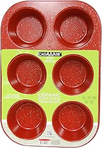 casaWare Toaster Oven 6 Cup Muffin Pan NonStick Ceramic Coated (Red Granite)