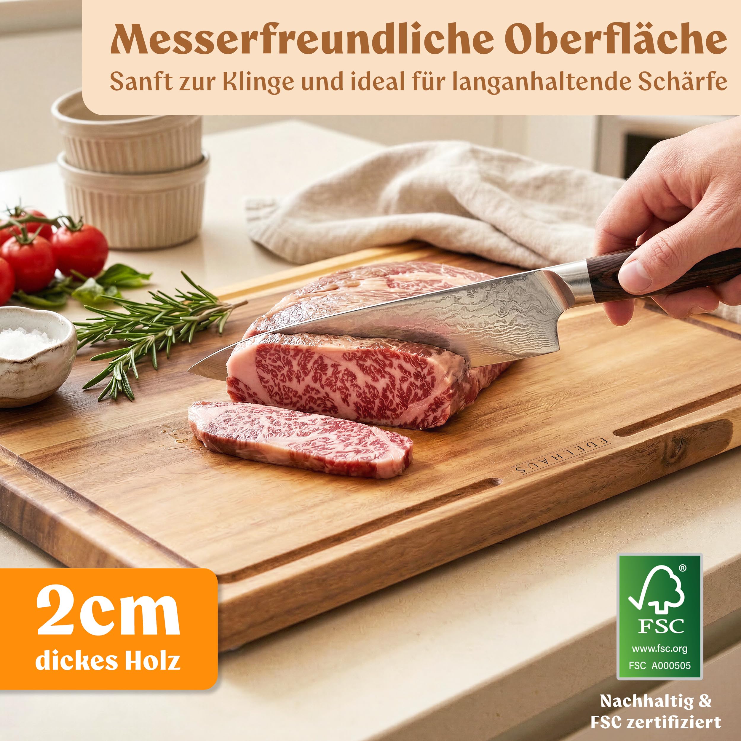 EDELHAUS Schneidebrett Holz 3er Set (40x30cm / 33x24cm / 26x18cm) Holzschneidebrett aus Massiver Akazie - 2cm dicke Holzbretter Küche mit Saftrille - Design Cutting Board Schneidbrett Set 5