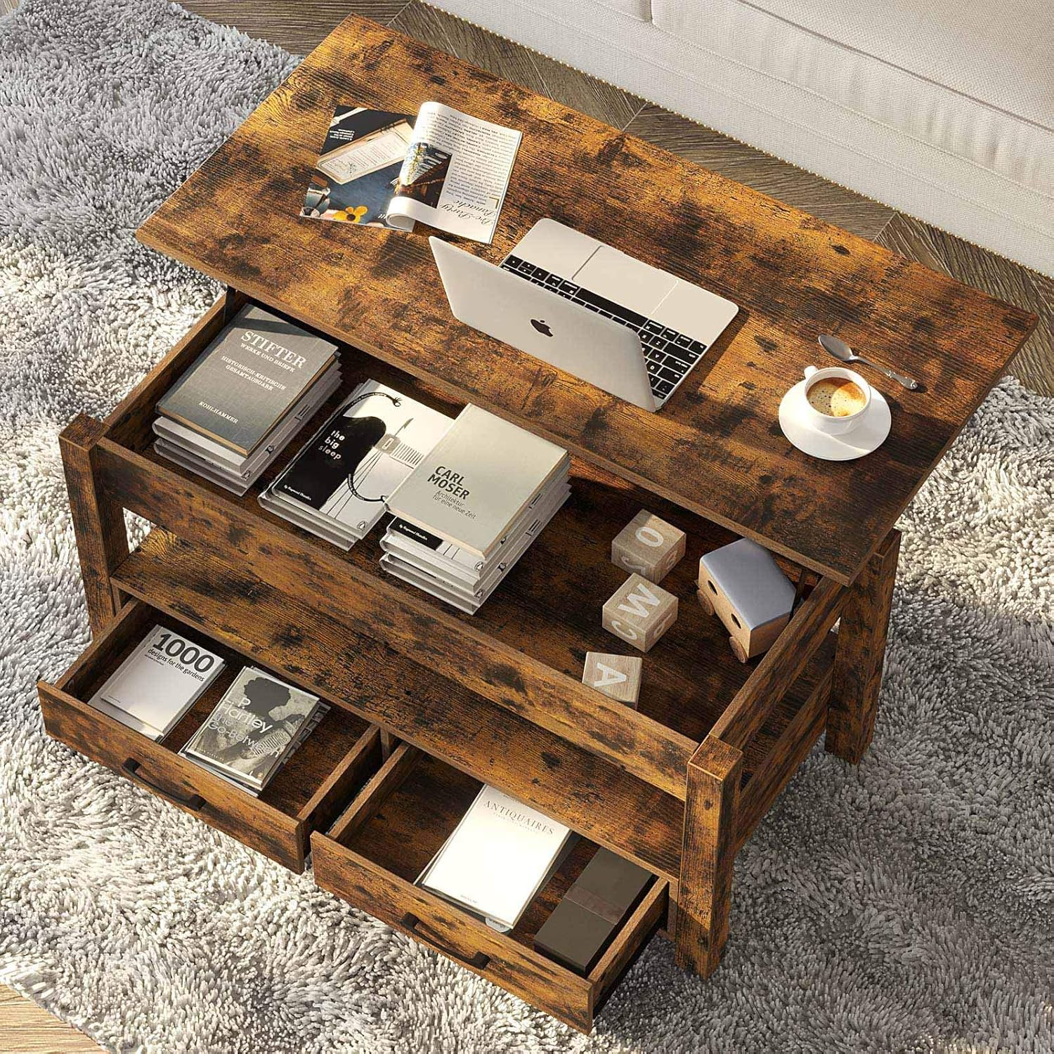 Rolanstar Coffee Table, Lift Top Coffee Table with Drawers and Hidden Compartment, Retro Central Table with Wooden Lift Tabletop, for Living Room, Rustic Brown: Home & Kitchen