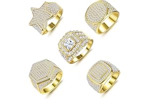 LOLIAS 5Pcs 18K Gold Plated Bling Pinky Ring Simulated Diamond Iced Out Ring Star Dollar Square Sign Punky Rappers Ring CZ Hip Hop Ring for Men