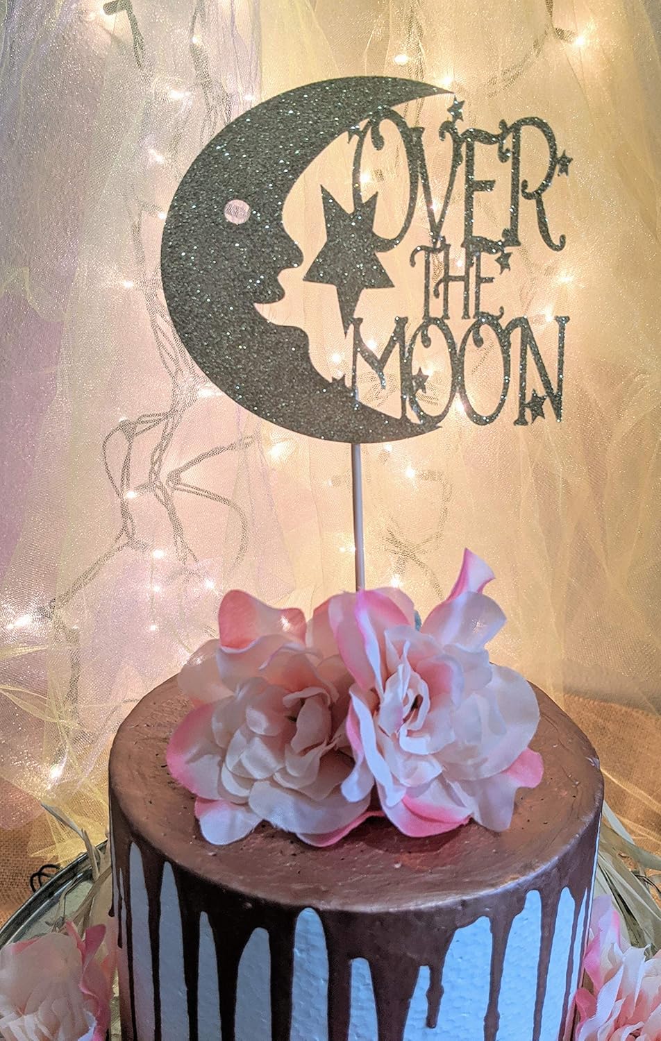 Amazon Com Over The Moon Cake Topper Glitter Cake Topper Nursery Rhyme Theme Baby Shower Cow Jumped Over The Moon 1st Birthday First Birthday Handmade
