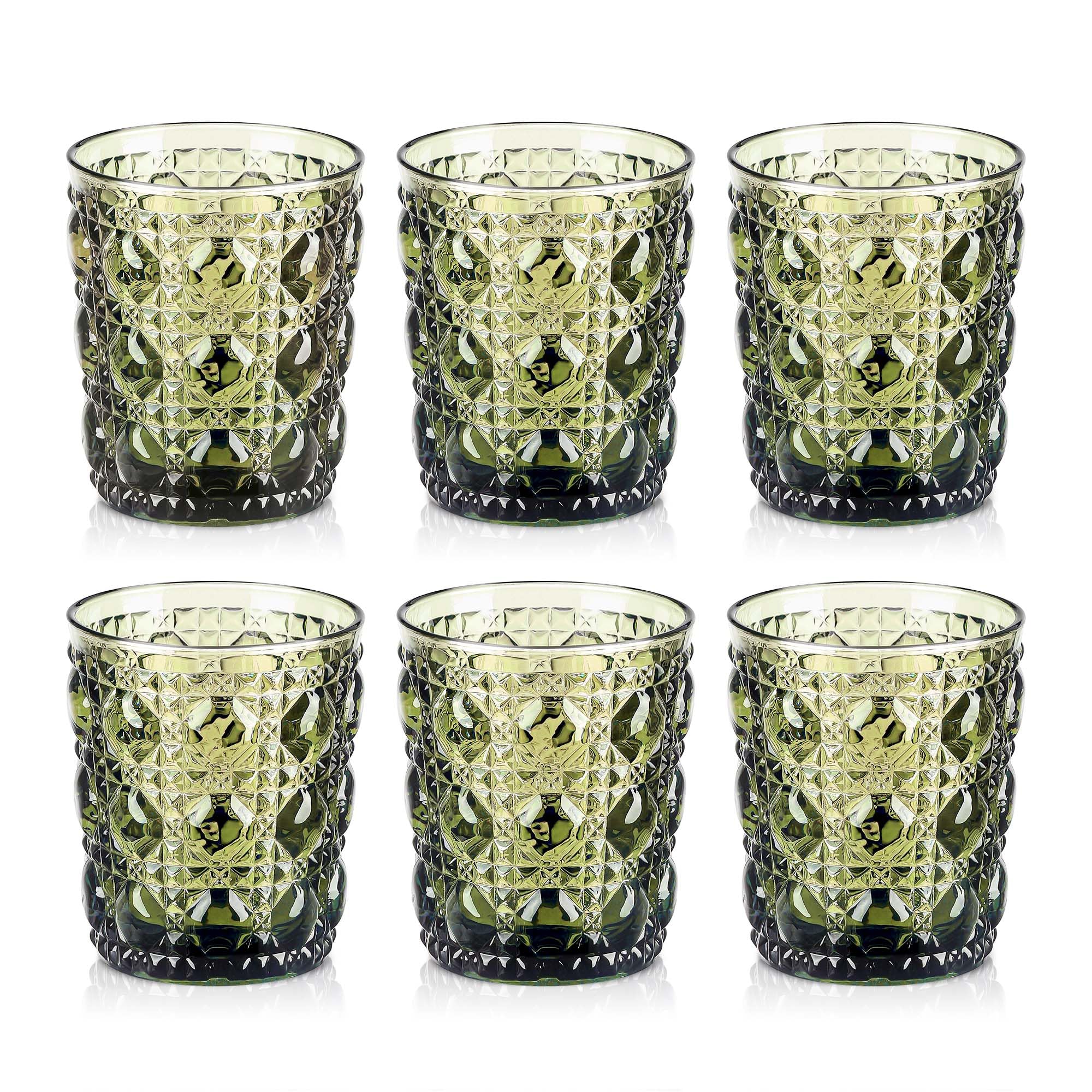 Joeyan Vintage Drinking Glasses, 320ml/11oz Embossed Water Glass Tumbler with Gems Design, Colored Heavy Duty Glassware Beverages Cups for Whisky, Cocktail, Beer, Juice, Tea, Wine, Set of 6, Green