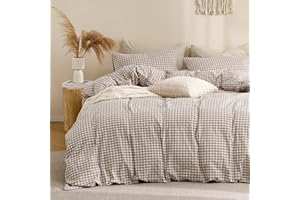 TOCOMOA Tan Gingham Duvet Cover Bedding Set 100% Washed Cotton Like Linen Feel Super Soft Comfy 3 Piece Brown Vintage Plaid Checkered Fall Comforter Cover Set (King 104"x90", Comforter Not Included)