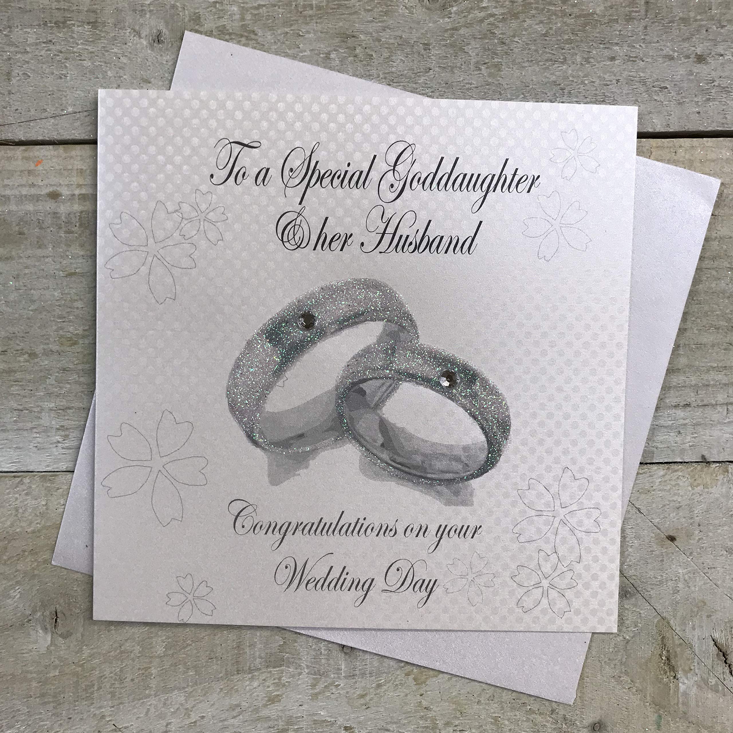 white cotton cards Handmade To a Special Goddaughter & Her Husband Congratulations On Your Wedding Day Wedding Bands Card, White, PD249