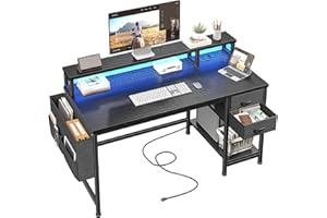 Bepatio 40 Inch Computer Desk with Storage Drawers, Corner Desk with LED Lights and Power Outlets, Home Office Desk with Moni