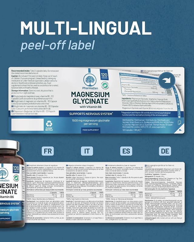 Magnesium Bisglycinat mit Vitamin B6 – Hochdosiert 1500 mg - 120 Kapseln