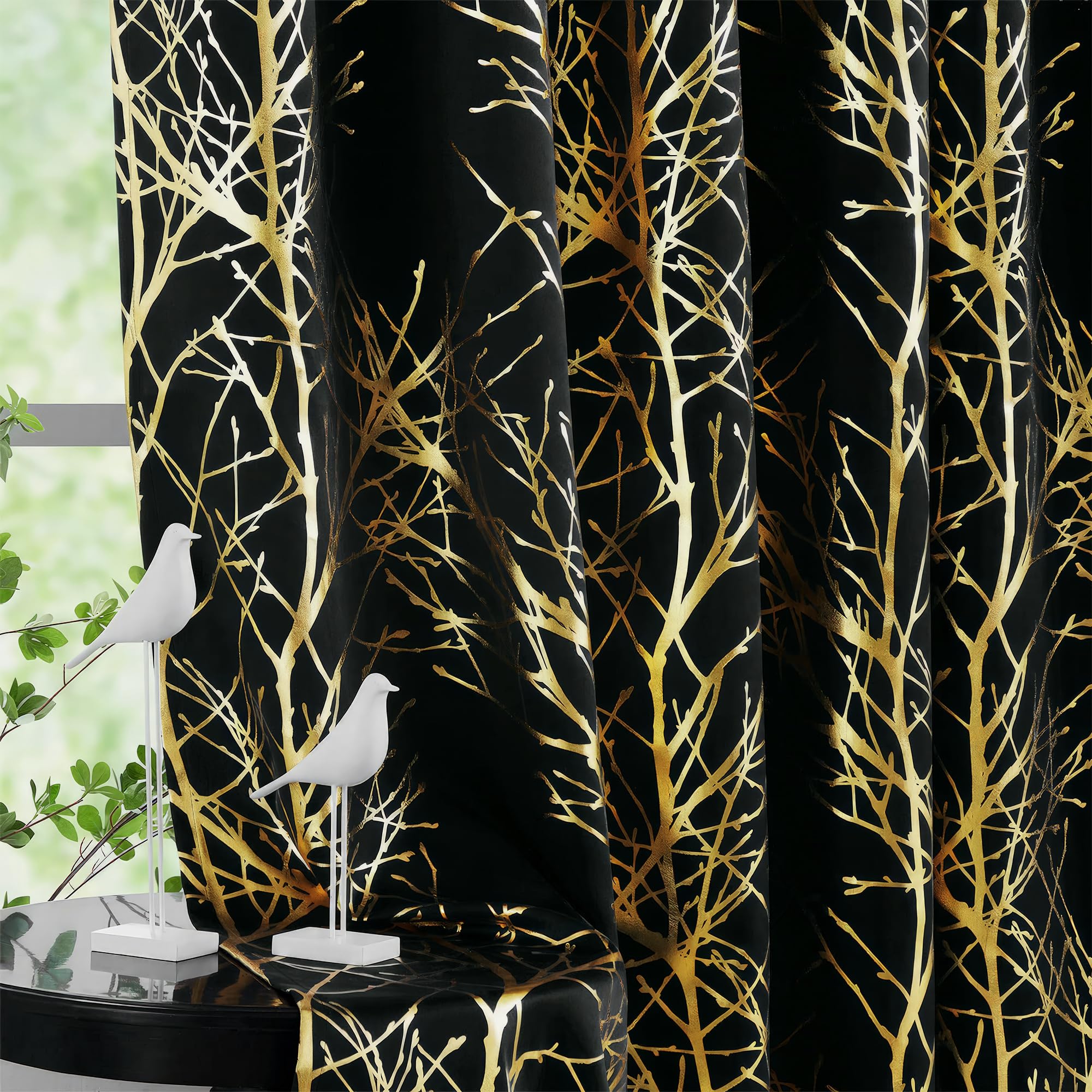 Fmfunctex Blackout Thermal Curtains for Bedroom 72 Inch Drop Black Gold Eyelet Curtains for Living Room Branch Foil Print Room Darkening Energy Saving Window Curtain Drapes 2 Panels