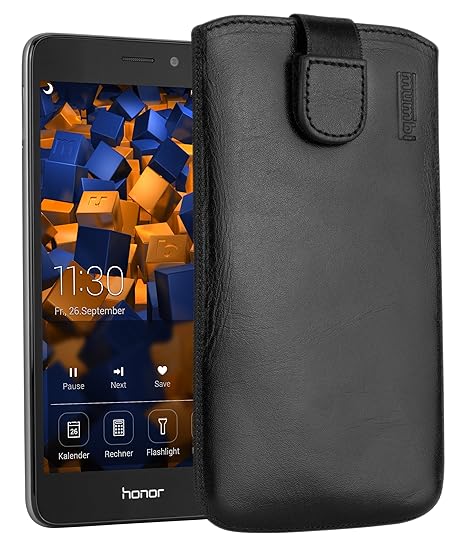 mumbi ECHT Ledertasche Huawei Honor 5C Tasche Leder Etui schwarz (Lasche mit Rückzugfunktion Ausziehhilfe)