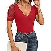 Fayenne Womens Tops Deep V Neck Cross Wrap Sexy Tops Polka Dot Mesh Short Sleeve T Shirt Casual Blouses