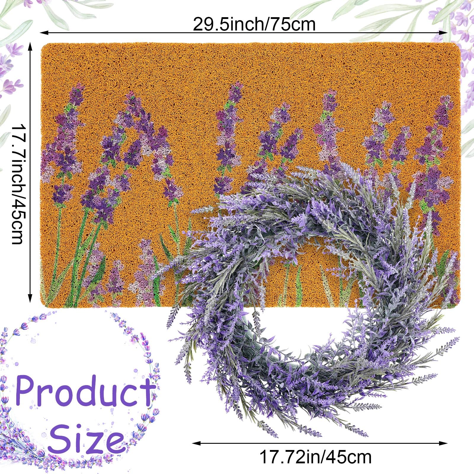 Drydiet Floral Coir Doormat and Spring Wreath Set Flower Welcome Door Mat for Front Door 17.7 x 29.5 Inch Coco Coir Doormat Summer Porch Decor for Garden Garage Patio Home Entrance(Lavender) - Image 2