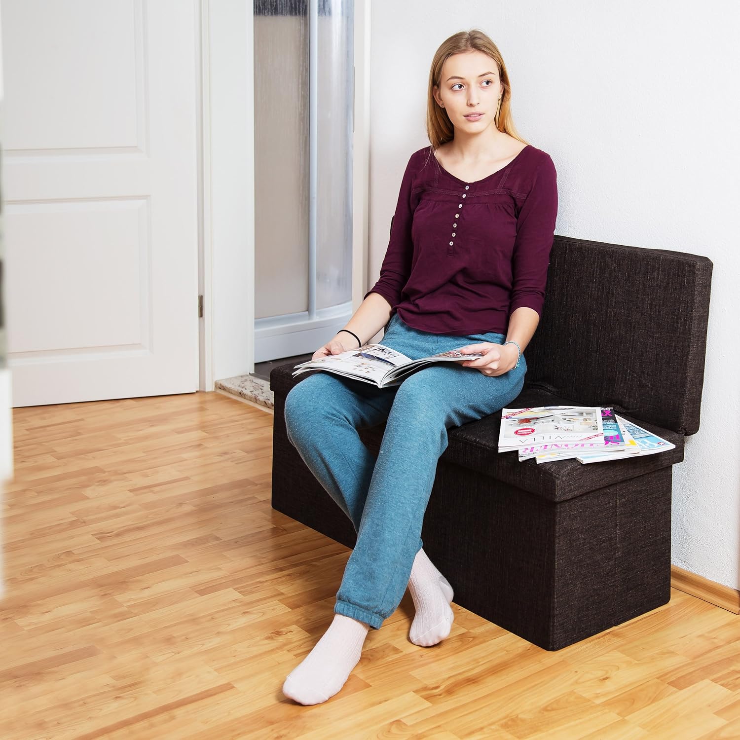 Relaxdays Otomana Plegable De Almacenamiento Con Respaldo Tela Marr