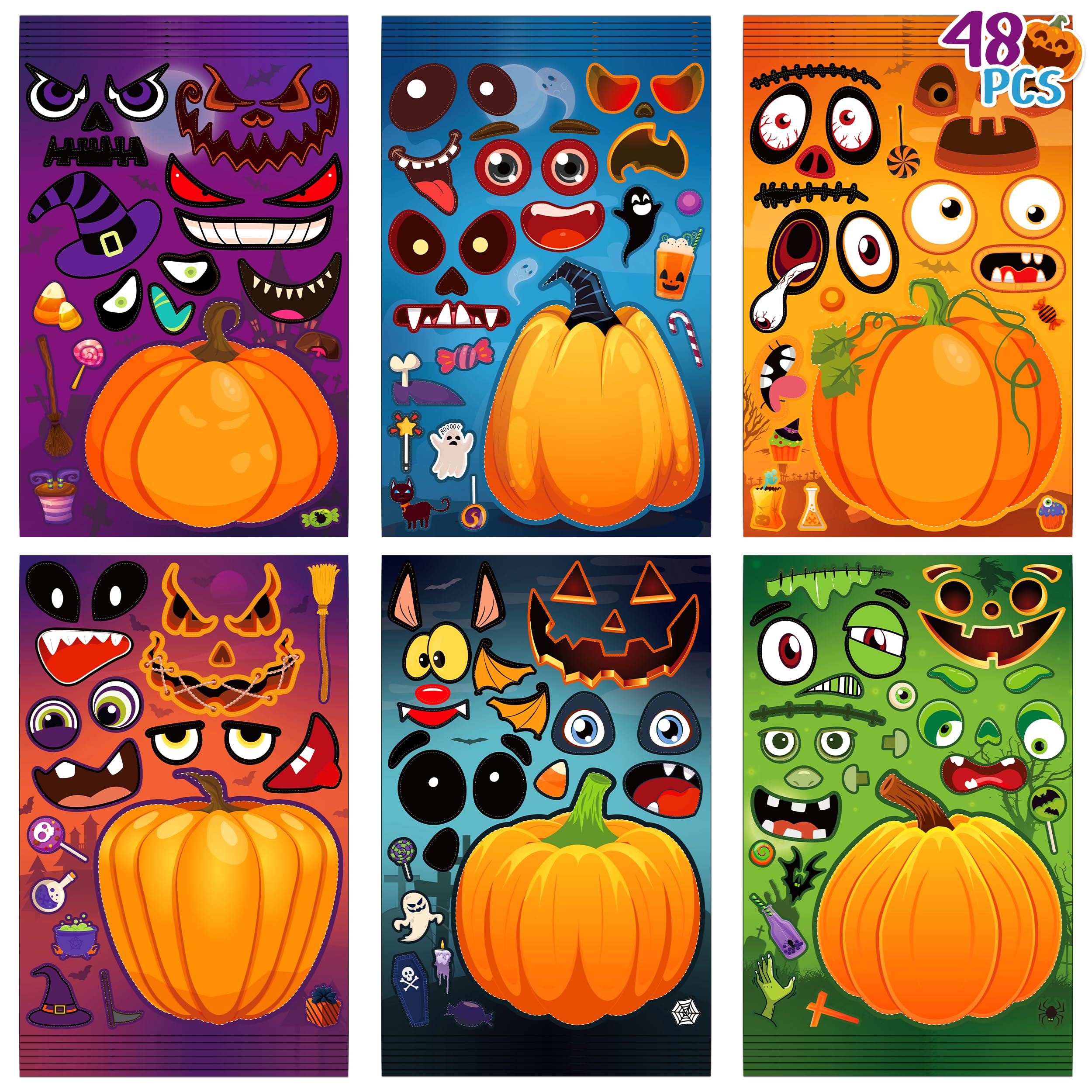 LINAYE 48 Sheets Halloween Crafts Stickers for Kids & Toddlers - Pumpkin Make Your Own Face Stickers, Halloween Activities & Games, Treats Bag Stuffers, Fall Party Favors