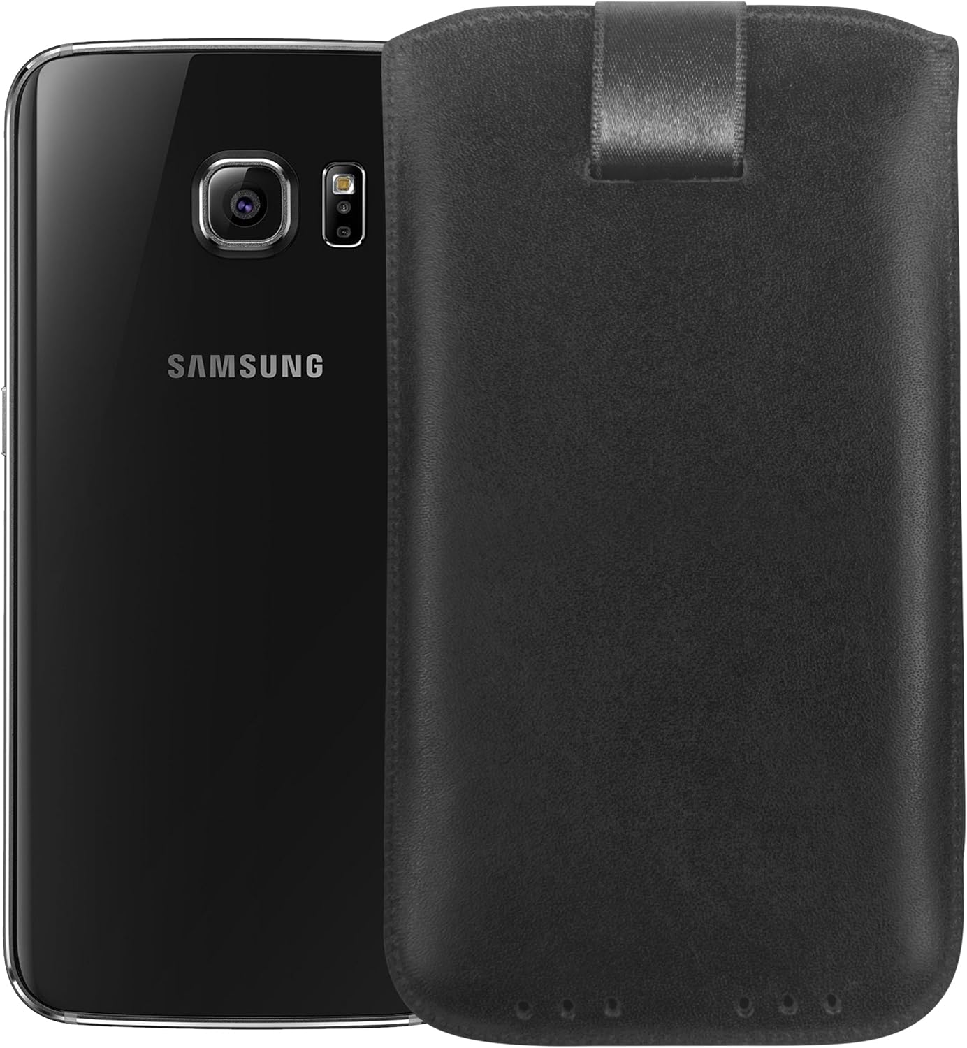 mumbi Real Leather Pouch With Flap And Pull-Up Strap for Samsung Galaxy, Black, Galaxy S6 Edge - Image 3