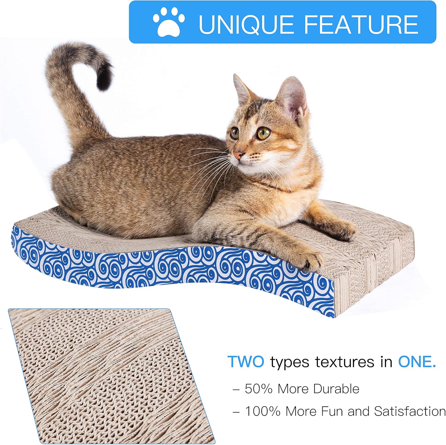 Karaseno Cat Scratch Pad, Cat Scratcher Cardboard, Cat Scratching Pad, Unique Double Texture Surface Durable Design, Wave Curved Shape, Reversible, with 100% Organic Catnip (Blue) : Pet Supplies