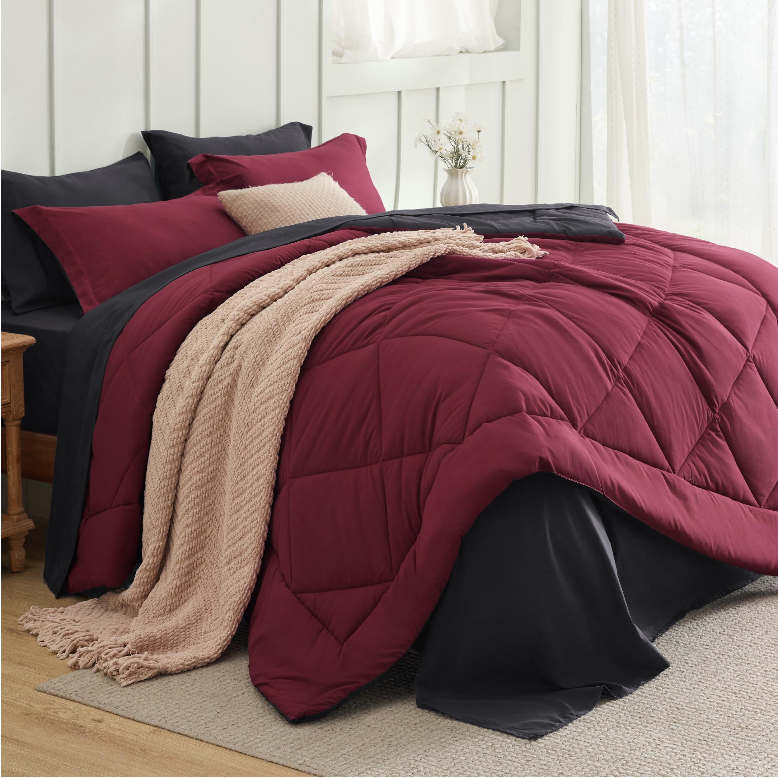 Bedsure Queen Comforter Set - 7 Pieces Reversible Burgundy and Black Bedding, Queen Size Bed Set for All Seasons, Bed in a Bag with Down Alternative Comforter, Sheets, Pillowcases & Shams Image