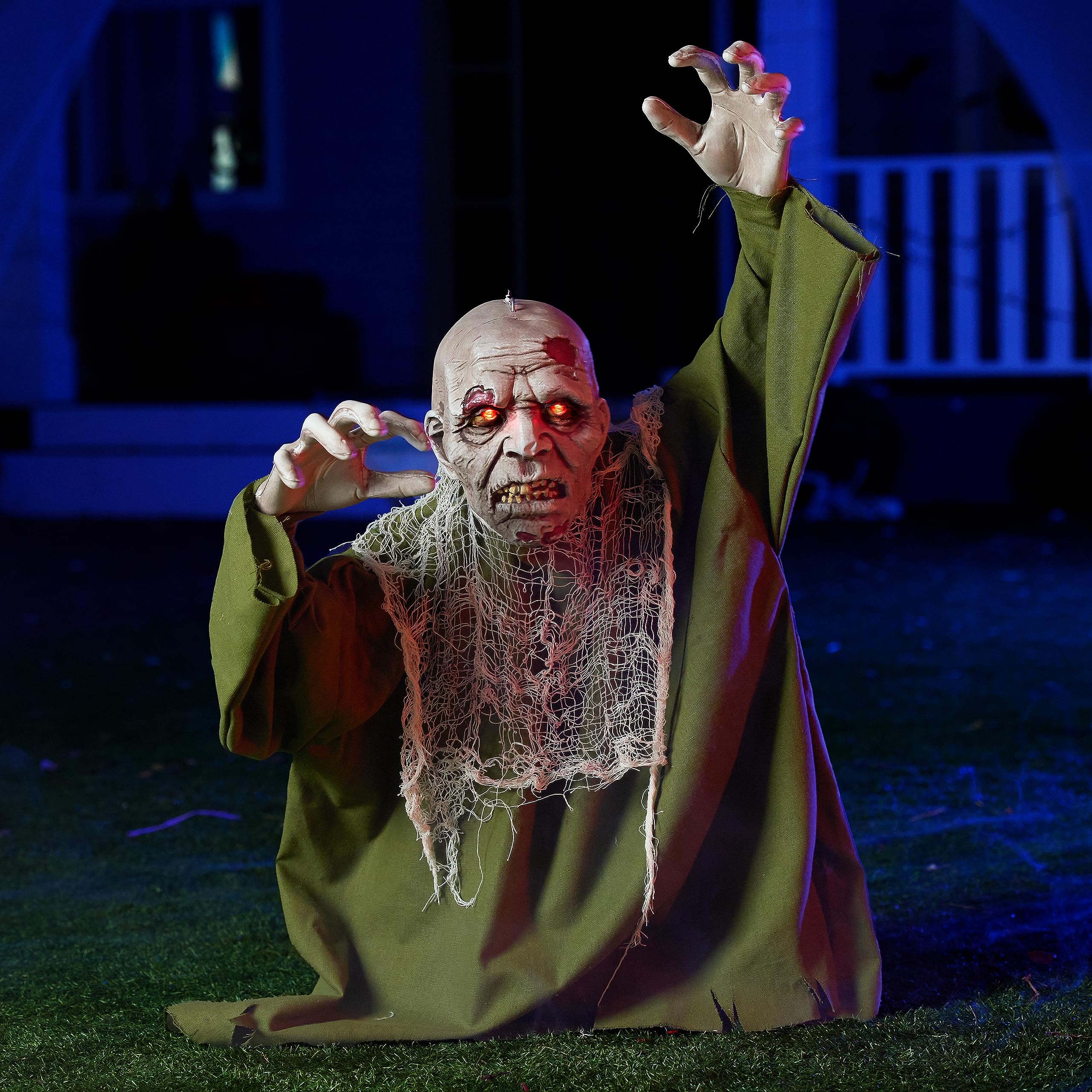 Photo 1 of JOYIN Halloween Animated Zombie Groundbreaker Outdoor Decor with Light Up Eyes Creepy Animatronic Decorations with Movable Arms for Halloween Party Prop and Lawn Patio Yard Outside Decorations