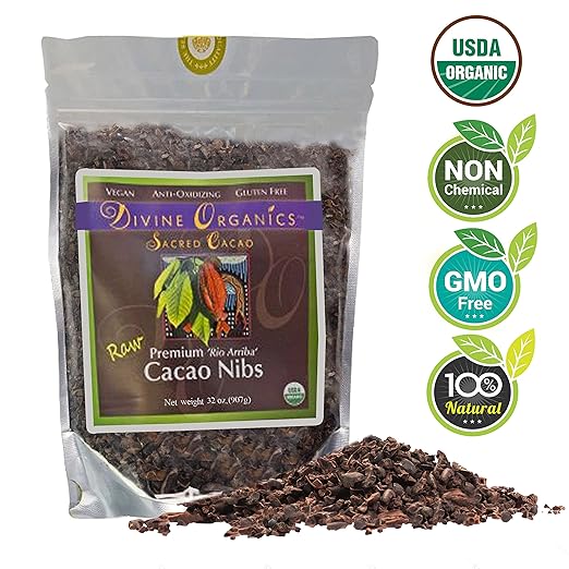 Divine Organics Raw Cacao / Cocoa Nibs - Certified Organic - Premium Rio Arriba - Smoothies, Baking, Snacks, Salads, Trail Mixes - Chocolate Chips Substitute - Rich in Magnesium (32oz)