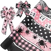 Whaline 6 Roll Halloween Wired Edge Ribbon Ghost Boo Spider Web Ribbon Pink Black Fabric Ribbons for Wreath Bow Making DIY Crafts Wrapping, 30 Yard