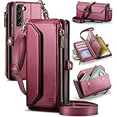 Strapurs Crossbody Wallet Case Compatible with Samsung Galaxy S22 Plus RFID Blocking Card Holder Soft PU Leather Magnetic Snap Strap Zipper Pocket Phone Case Fit for Galaxy S22+/ S22 Plus - Wine Red