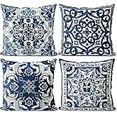 M-Qizi Vintage Blue and White Throw Pillow Covers 18x18 Set of 4, Retro Boho Ethnic Navy Blue Moroccan Tile Mediterranean Decorative Pillow Covers for Home Room, Chinoiserie Decor Pillowcases