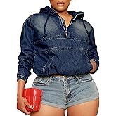 Tycorwd Women's Plus Size Half Zip Denim Hoodie Sweatshirt Pullover Jacket Jean Tops with Pockets
