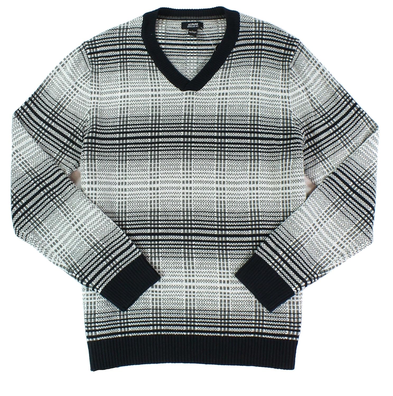 Alfani Mens V-Neck Plaid Ribbed Sweater 
