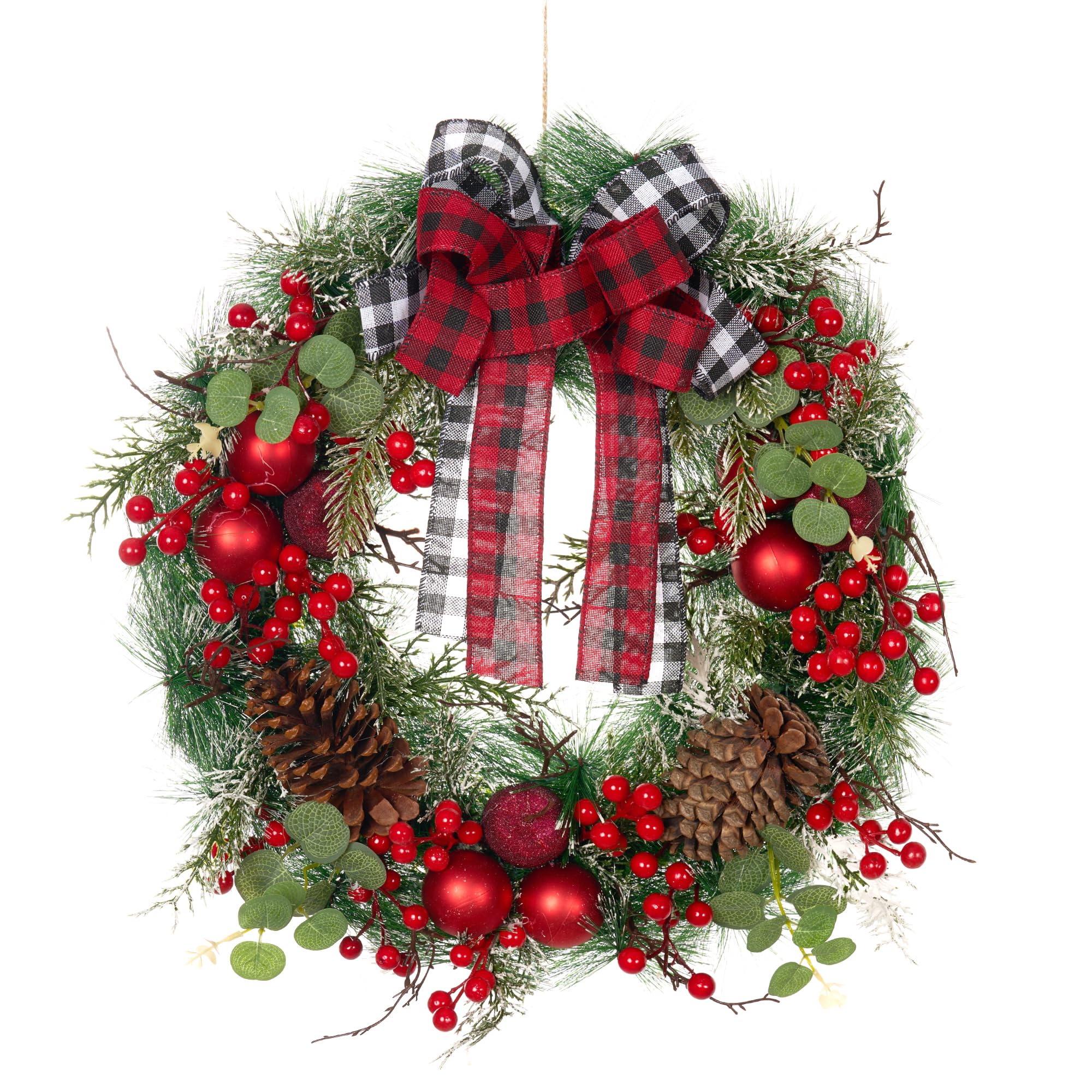 Photo 1 of 20 Inch Twinkling Christmas Wreath with Red and Gray Bows, Berries, Pinecones and Ball Ornaments Christmas Red Berry Garland for Doors, Windows, Mantles, and Indoor & Outdoor Decorations