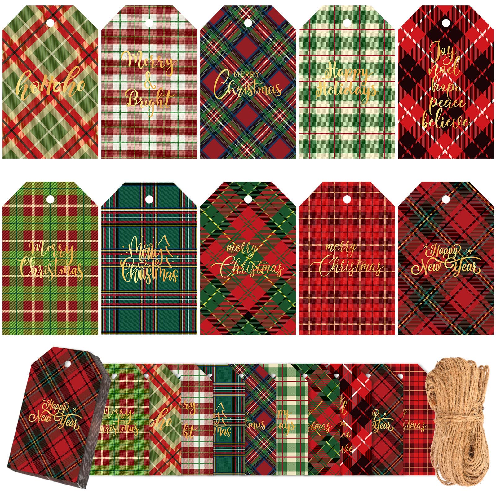 Whaline 100Pcs Christmas Gift Tags Rope Gold Foil Buffalo Plaid Craft Paper Tags Holiday Hang Labels with Twine for DIY Xmas Present Happy New Year Party Decoration, 10 Styles