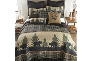 Donna Sharp Full/Queen Quilt - Bear Walk Plaid Lodge Quilt with Bear Pattern - Fits Queen Size and Full Size Beds - Machine Washable