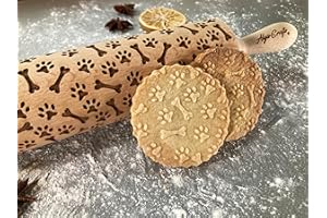 PAW and BONE Rolling pin. Wooden embossing rolling pin with PAW and BONE pattern. Embossed cookies. Pottery. Birthday gift. G