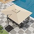 PHI VILLA 9’ x 12’ Cantilever Patio Umbrella with Base, Outdoor Rectangular Heavy Duty Large Umbrella with Hydraulic Lift and 360° Rotation, Beige