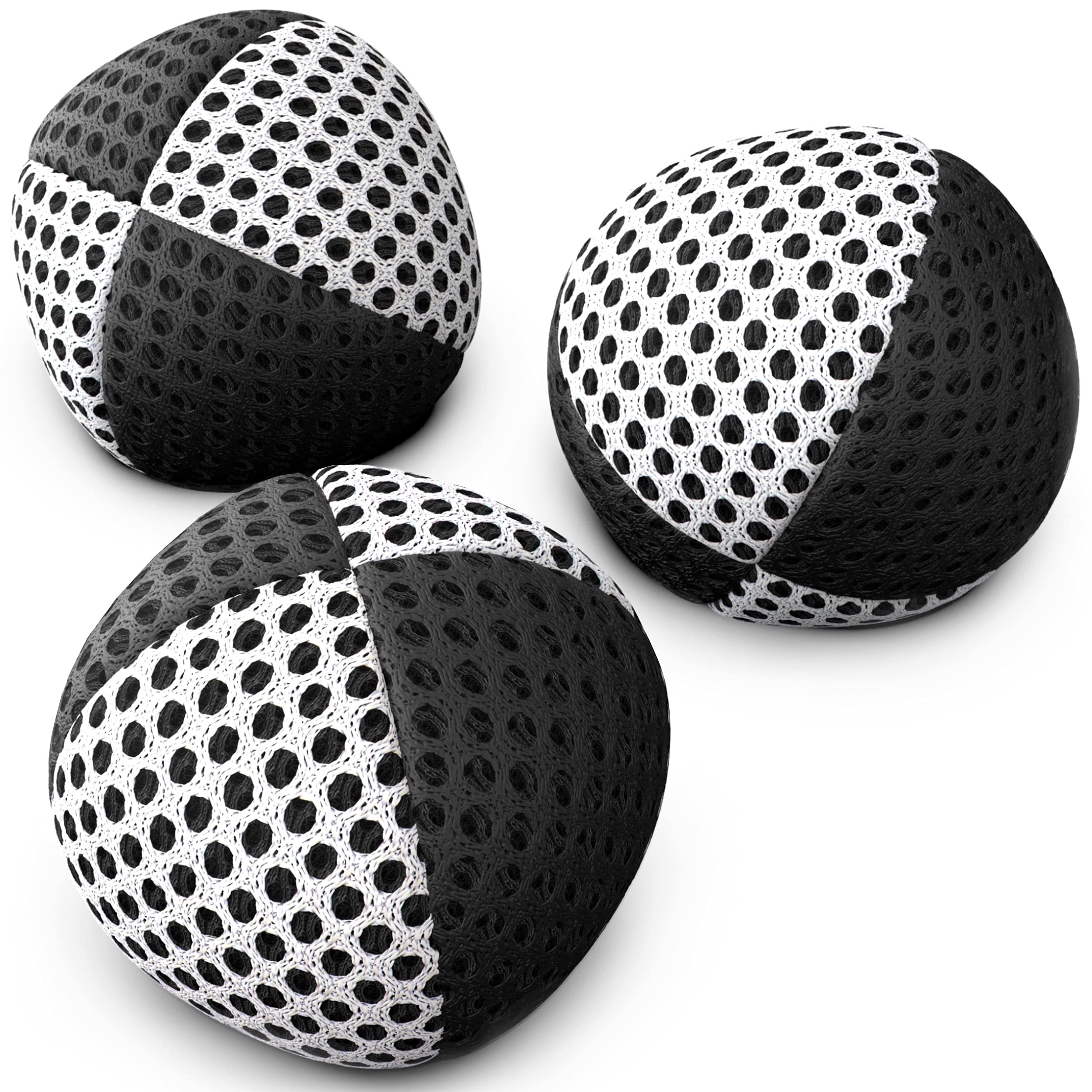 speevers Juggling Balls Professional Set of 3 Fresh Design Xballs, 12 Beautiful Colors Available, Juggle Balls for Beginners, Kids, Adults, 2 Layers of Net 4 Panels Carry Case (110g, Black - White)