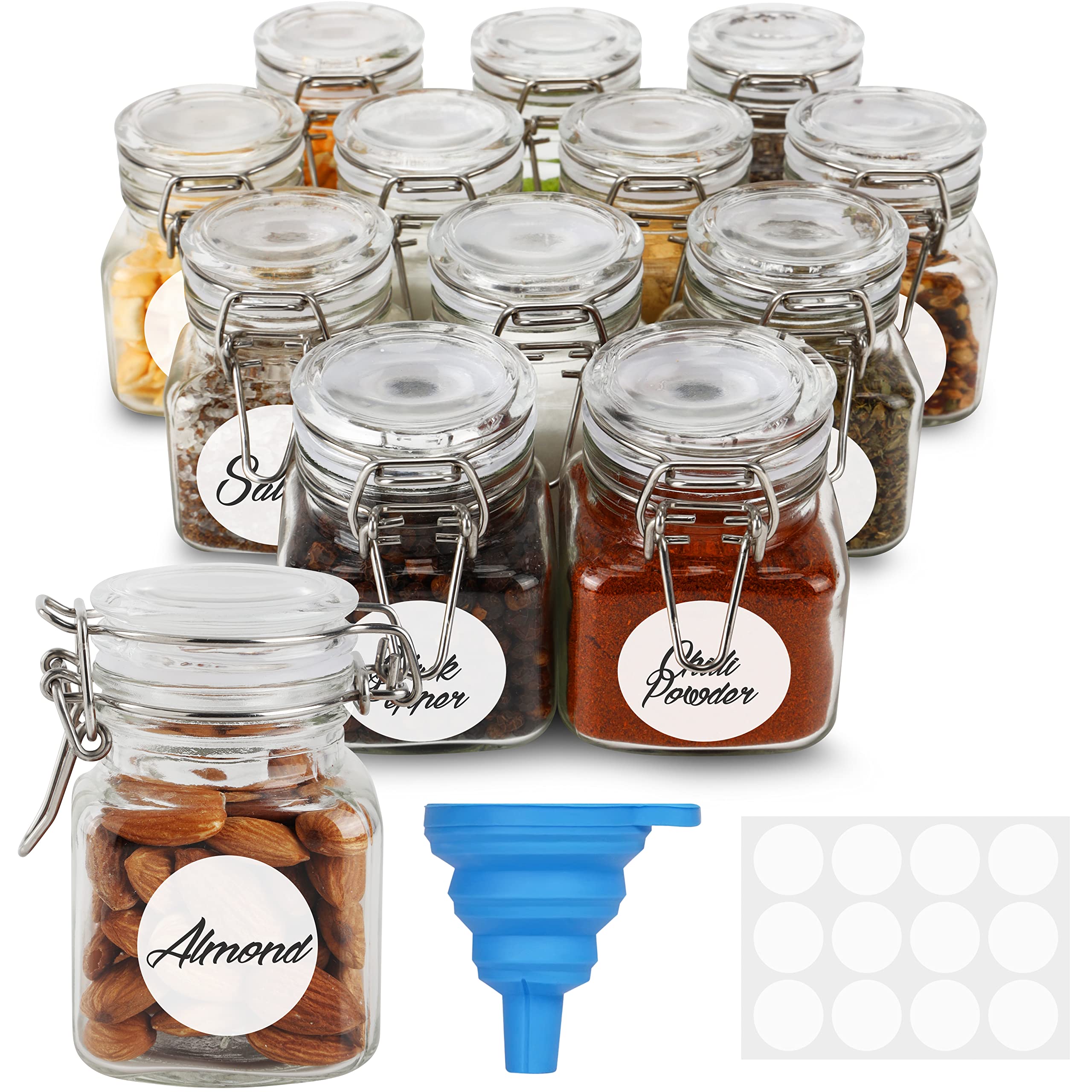 BELLE VOUS 12 Pack Mini Clip Top Glass Jars - Airtight Spice Jars with Hinged Lid - 120ml/4oz - Reusable Storage Containers with Labels & Funnel - Bottles/Canister Set for Kitchen, Spices & Herbs
