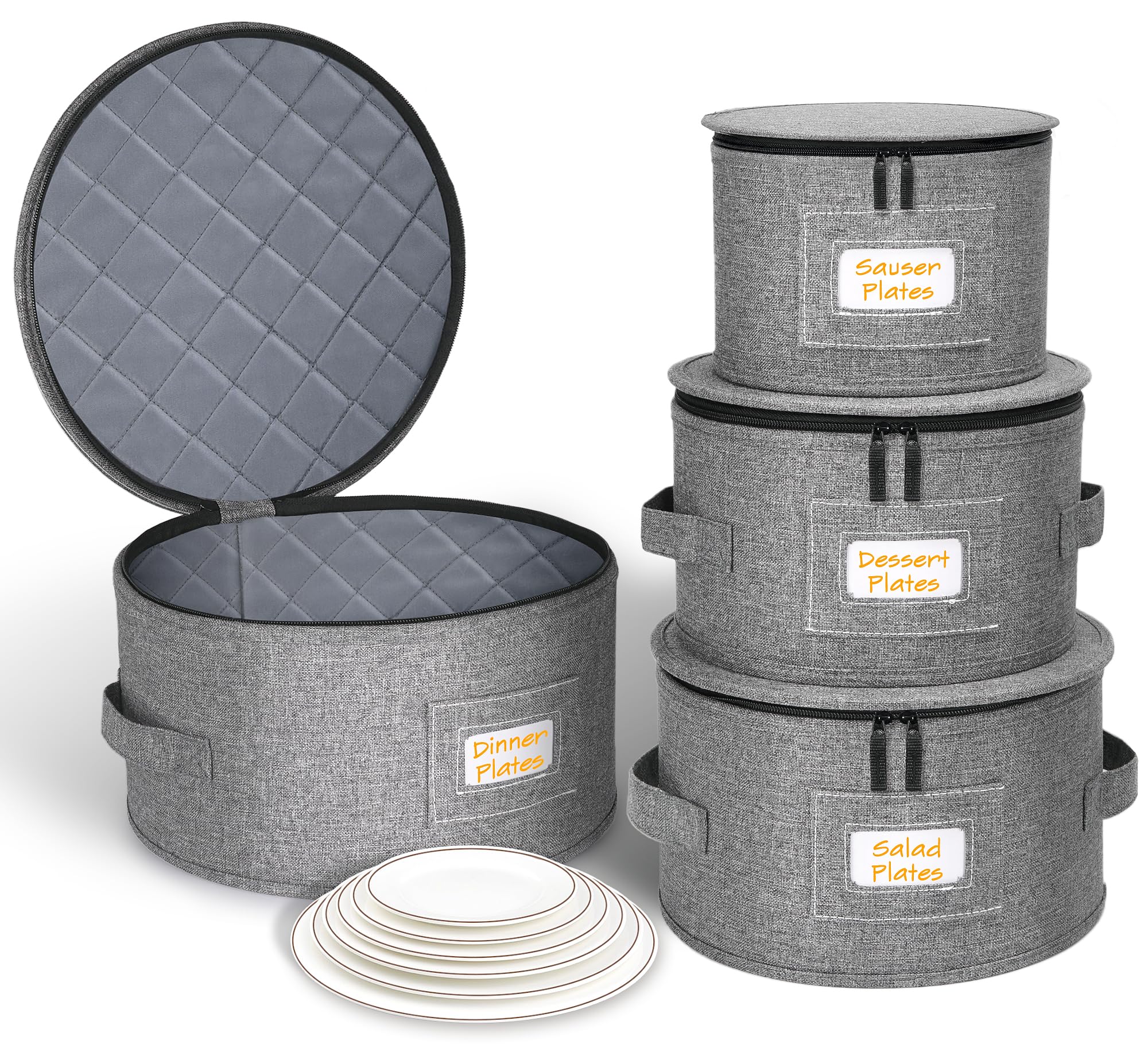 Photo 1 of punemi China Storage Containers, Dish Storage w/Hard Shell Top Side Bottom Support & Felt Dividers for Charger Plates Dinnerware, Perfect for Moving Supplies, 4 set Stackable Fine China Storage, Gray