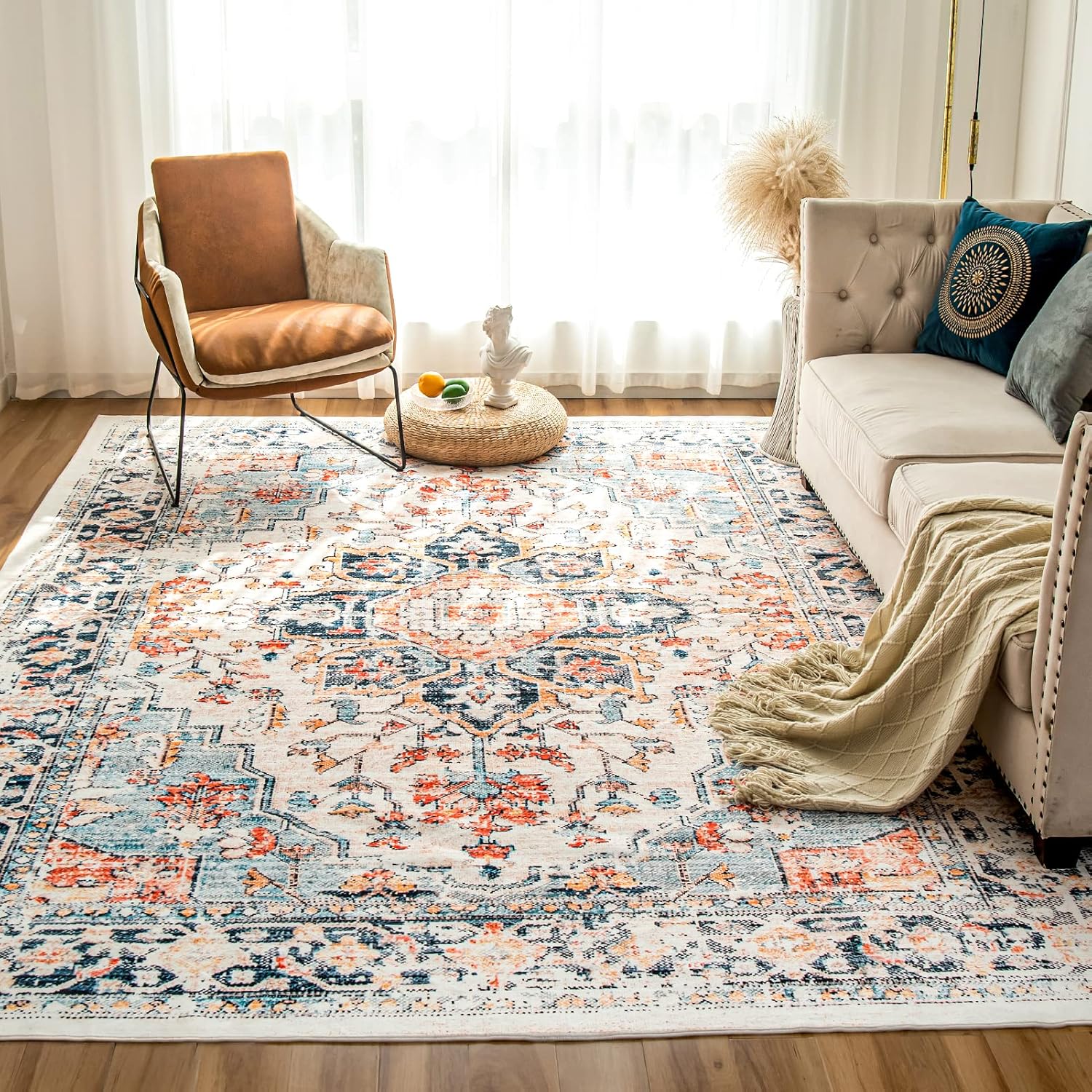 Rugs, Pads & Protectors - VK VK·LIVING Machine Washable Rug 8'x10' Vintage Design Washable Area Rugs with Non Slip Rugs for Living Room Bedroom Traditional Woven Rug Carpet Stain Resistant, Home Decor Office Boho Rug, Blue