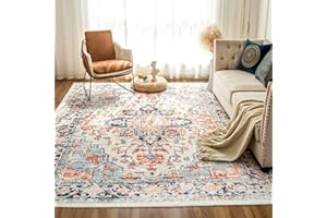 VK VK·LIVING Machine Washable Rug 5'x7' Vintage Design Washable Area Rugs with Non Slip Rugs for Living Room Bedroom Traditional Woven Rug Carpet Stain Resistant,Home Decor Office Boho Rug,Blue&Orange