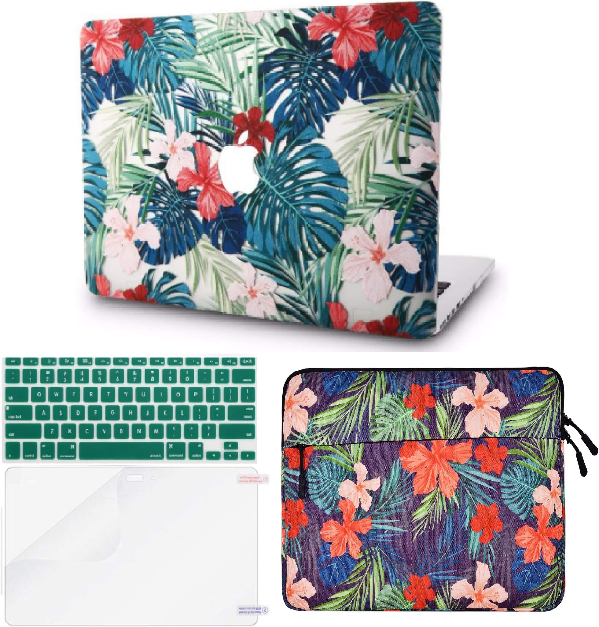 KECC Laptop Case for MacBook Air 13" w/Keyboard Cover + Sleeve + Screen Protector (4 in 1 Bundle) Plastic Hard Shell Case A1466/A1369 (Palm Leaves Red Flower)