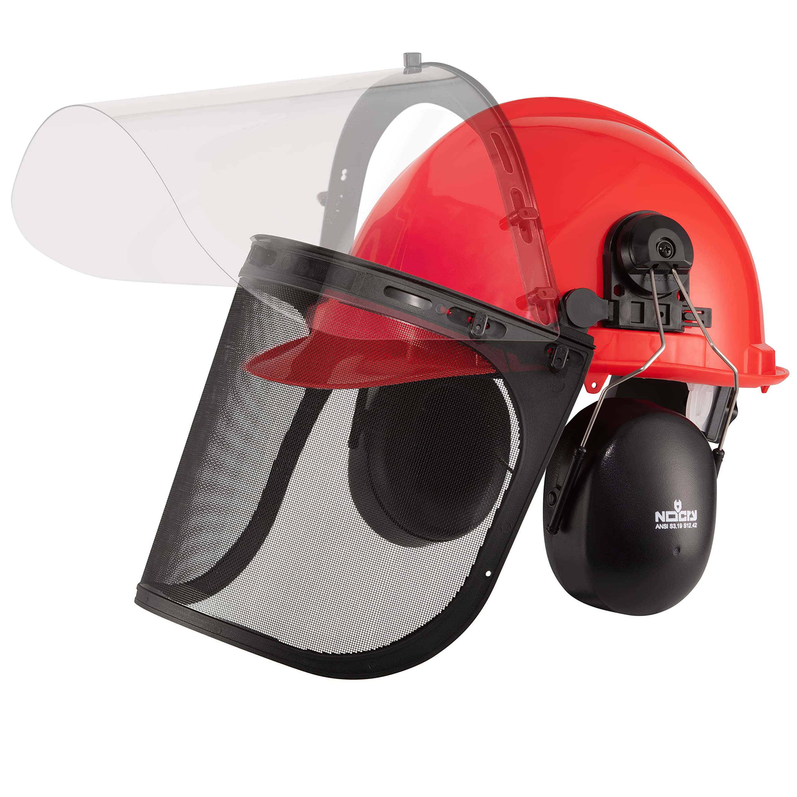NoCry 6-in-1 Industrial Chainsaw Helmet with Face Shield and Ear Muffs - Includes Mesh and Clear Plastic Face Visor - ANSI Z89.1 Certified Forestry Helmet
