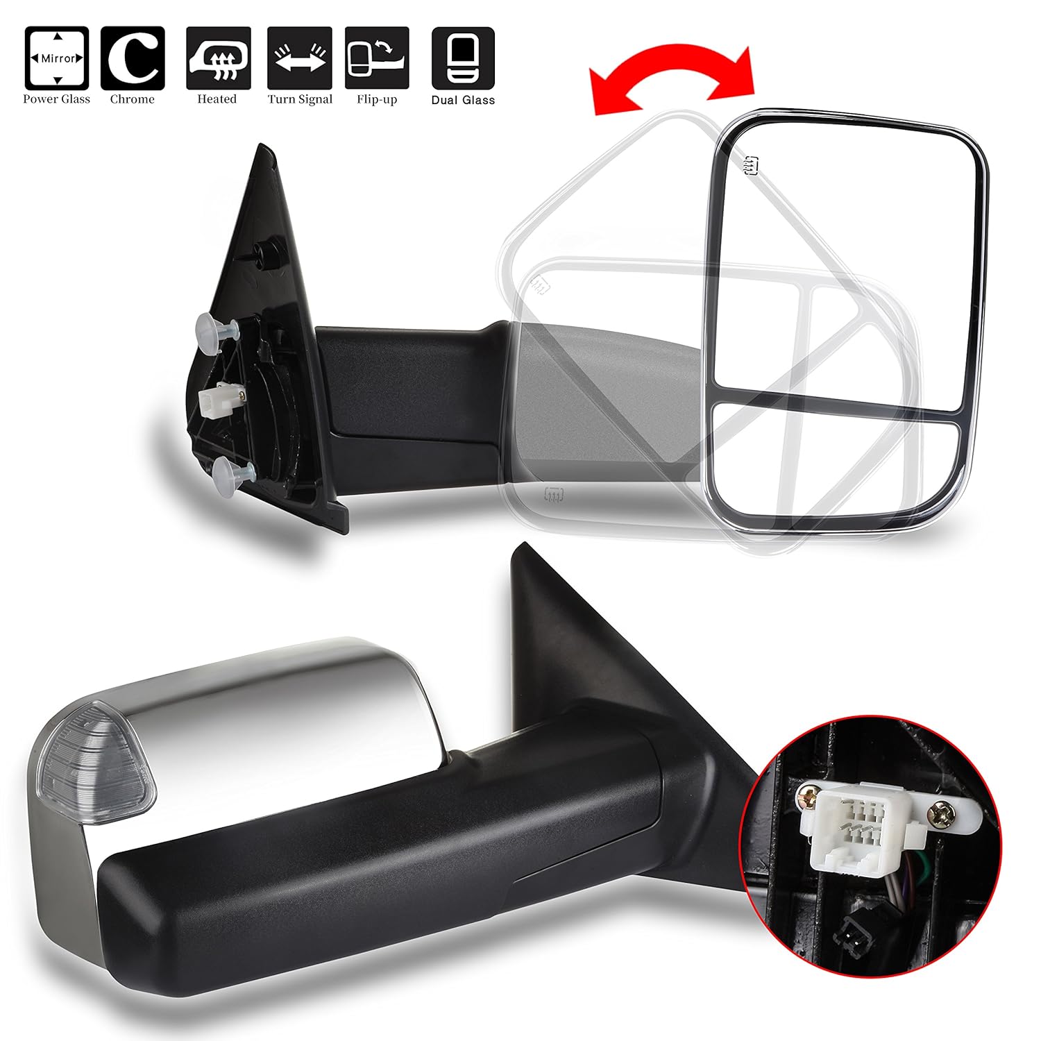 ECCPP Towing Mirror Replacement for Dodge Ram 1500 2500 3500 side mirror  Amber Turn Signal Power Operation Heated Manual Flip up Chrome Cover  for2002 2003 ...