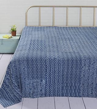 HANDICRAFT-PALACE Patchwork Kantha Work Quilt Bedspread Gudari Hand Printed Cotton Bedding Quilt Double Bed Cover (Blue)