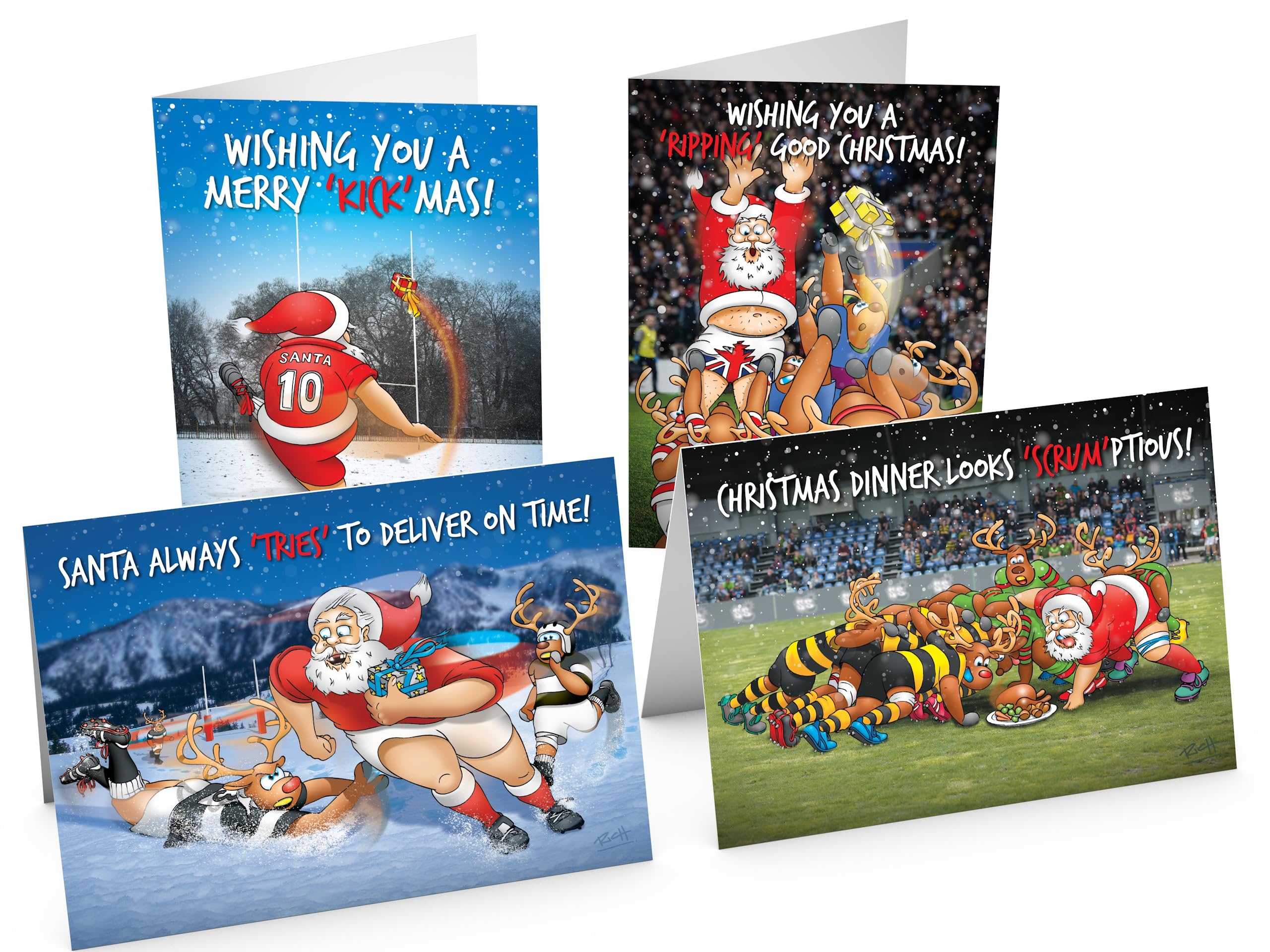 STREET SANTA - Rugby Christmas Cards - Pack of 4 Cards - 4 funny designs, Hand-Drawn UK Designs, Large A5-Sized (210mm x 148mm), Gloss Finish, Blank Inside